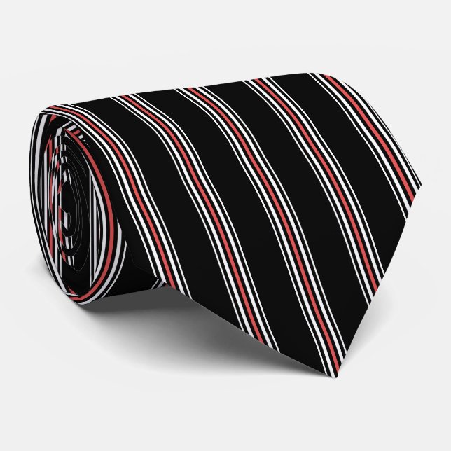 Red Black and White Striped Tie | Vertical Stripes (Rolled)