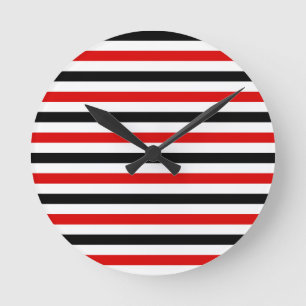 Red Black and white stripes design Round Clock