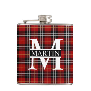 Red Black and White Tartan Plaid Monogrammed Hip Flask