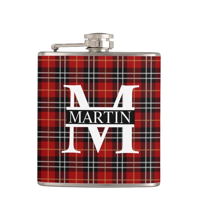 Red Black and White Tartan Plaid Monogrammed Hip Flask (Front)