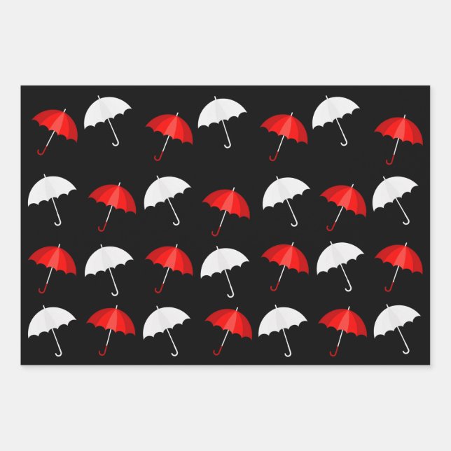 Red, Black and White Umbrellas Patterns Wrapping Paper Sheet (Front)
