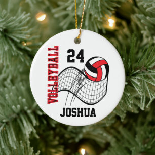 Red, Black and White Volleyball Ceramic Ornament
