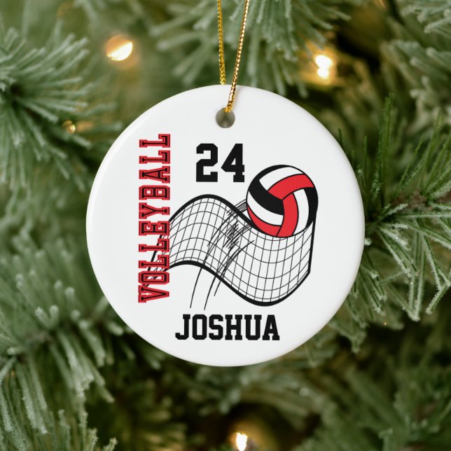 Red, Black and White Volleyball Ceramic Ornament (Tree)