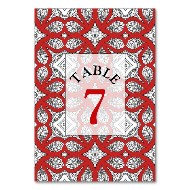 Red, Black and white Wedding Table Number Card (Front)