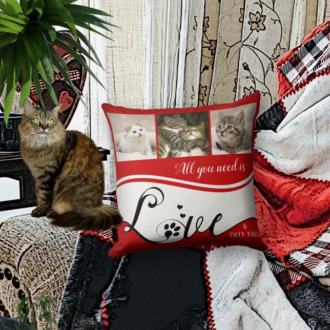 Red Black and White Your Cat Photos Pillow (Creator Uploaded)