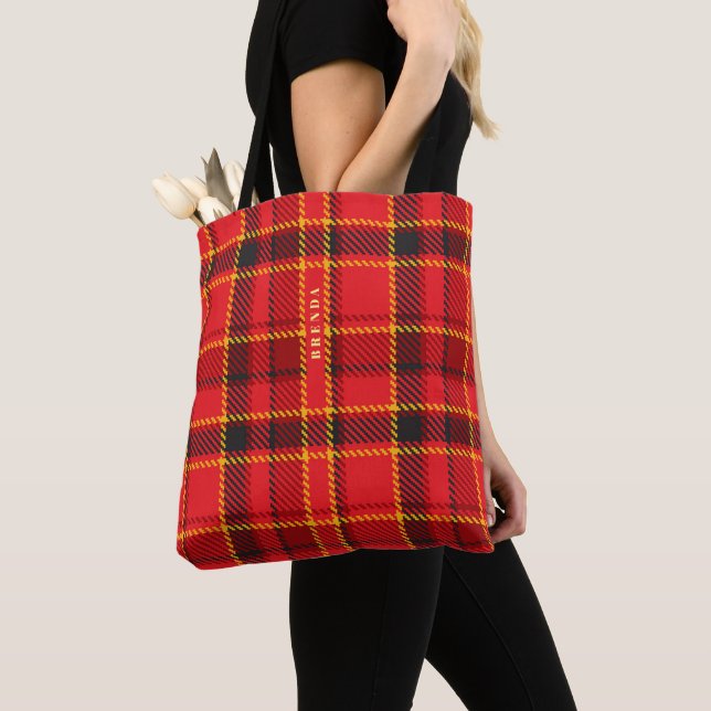 Red black and yellow plaid pattern monogram tote bag (Close Up)
