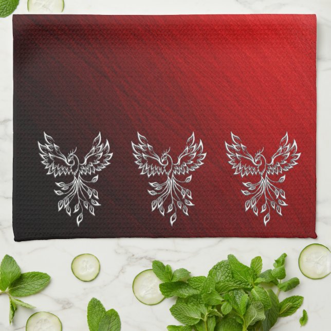 Red Black Ashes and Phoenix Tea Towel (Folded)