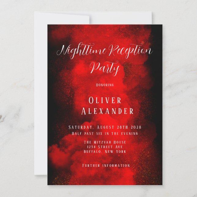 Red Black Bar Mitzvah Nighttime Reception Party In Invitation (Front)