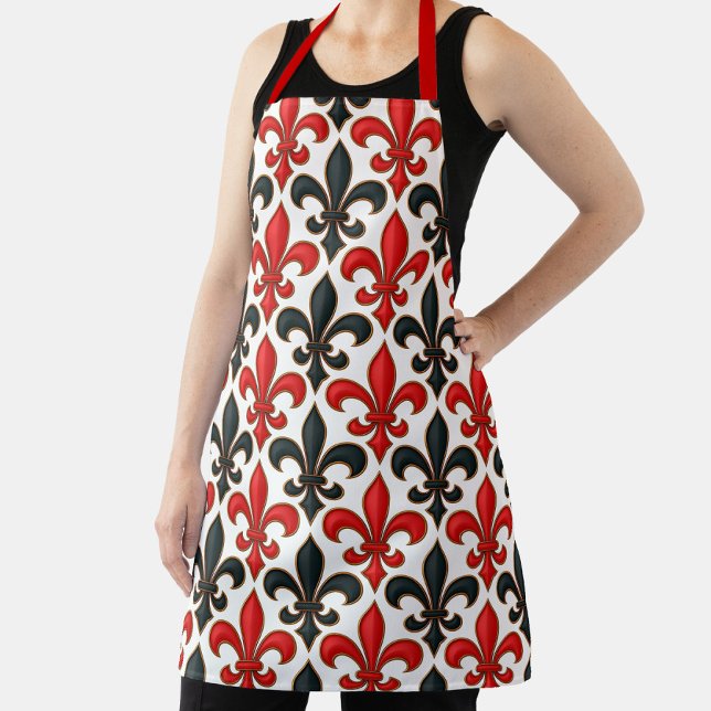 Red Black Baroque Fleur-de-lis Pattern Design  Apron (Creator Uploaded)