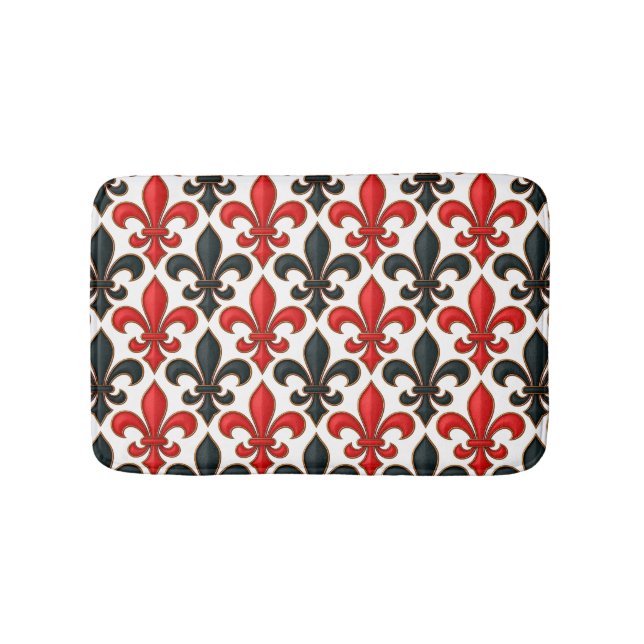 Red Black Baroque Fleur-de-lis Pattern Design  Bath Mat (Front)