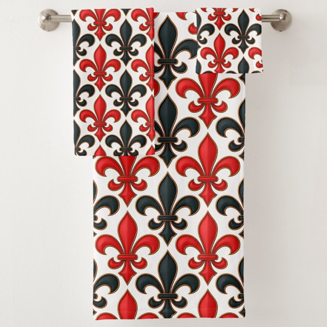 Red Black Baroque Fleur-de-lis Pattern Design  Bath Towel Set (Creator Uploaded)