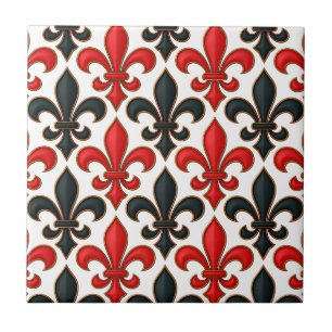 Red Black Baroque Fleur-de-lis Pattern Design Ceramic Tile