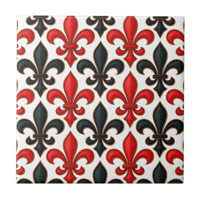 Red Black Baroque Fleur-de-lis Pattern Design  Ceramic Tile (Front)