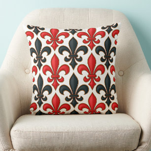Red Black Baroque Fleur-de-lis Pattern Design  Cushion