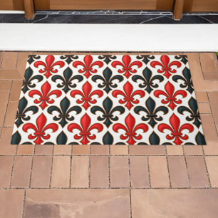 Red Black Baroque Fleur-de-lis Pattern Design Doormat
