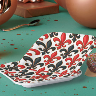 Red Black Baroque Fleur-de-lis Pattern Design Paper Plate