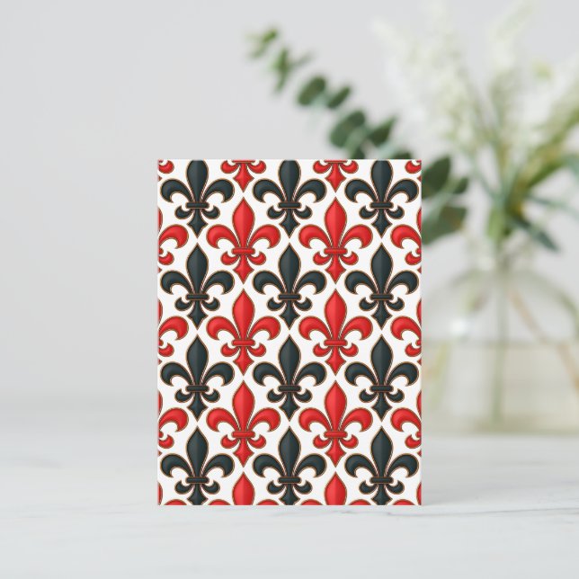 Red Black Baroque Fleur-de-lis Pattern Design  Postcard (Standing Front)