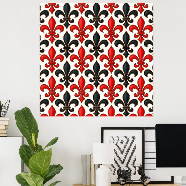 Red Black Baroque Fleur-de-lis Pattern Design  Poster (Creator Uploaded)