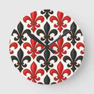 Red Black Baroque Fleur-de-lis Pattern Design  Round Clock