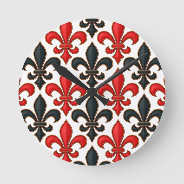 Red Black Baroque Fleur-de-lis Pattern Design  Round Clock (Front)