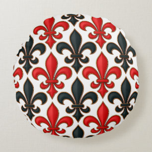 Red Black Baroque Fleur-de-lis Pattern Design Round Cushion