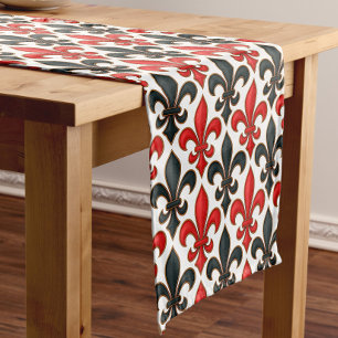 Red Black Baroque Fleur-de-lis Pattern Design Short Table Runner
