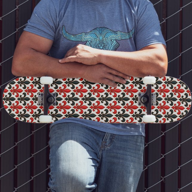 Red Black Baroque Fleur-de-lis Pattern Design  Skateboard (Creator Uploaded)