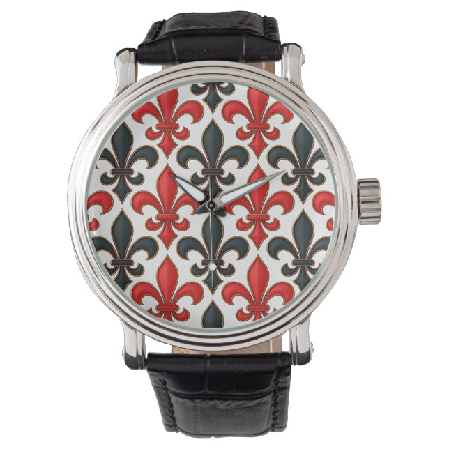 Red Black Baroque Fleur-de-lis Pattern Design  Watch (Front)