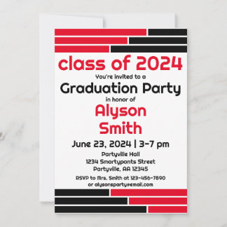 Red & Black Bars One Photo Grad Party Invitation