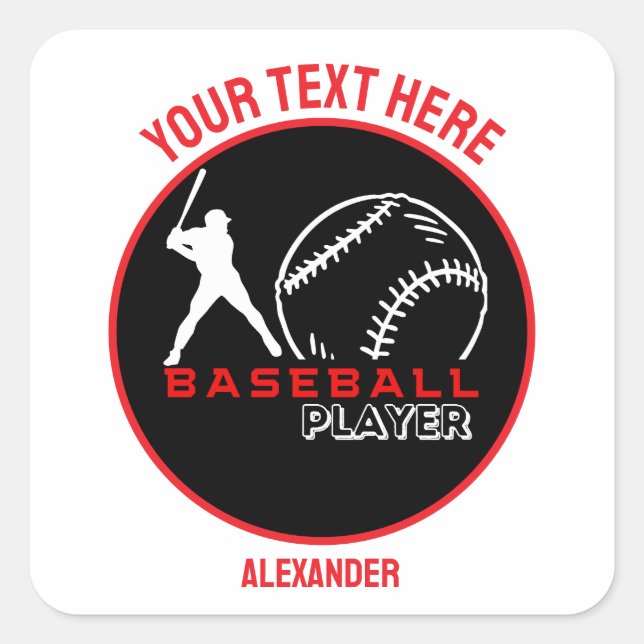 Red Black Baseball Girl Boy Birthday Party Square Sticker (Front)