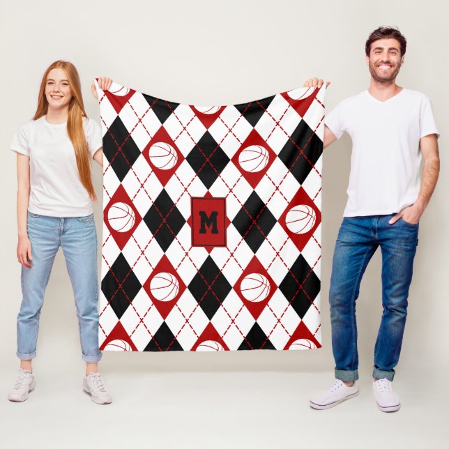 red black basketball team colours argyle fleece blanket (In Situ)