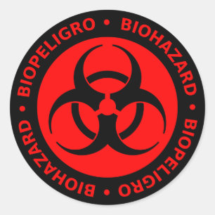 Red & Black Bilingual Biohazard Symbol Sticker