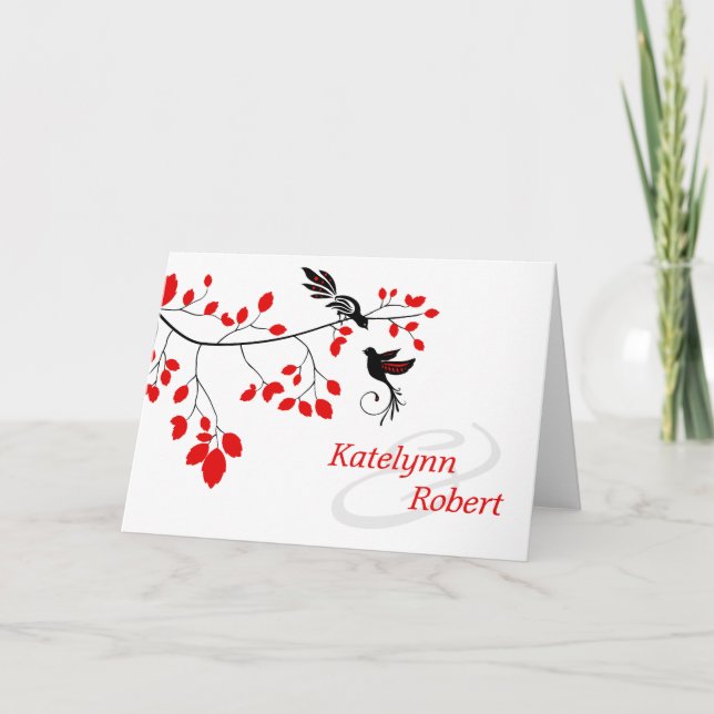 Red & Black Birds on Branch Elegant Thank You Card (Front)