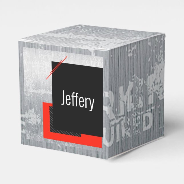 Red, black, black and white pinstripe print favour box (Front Side)