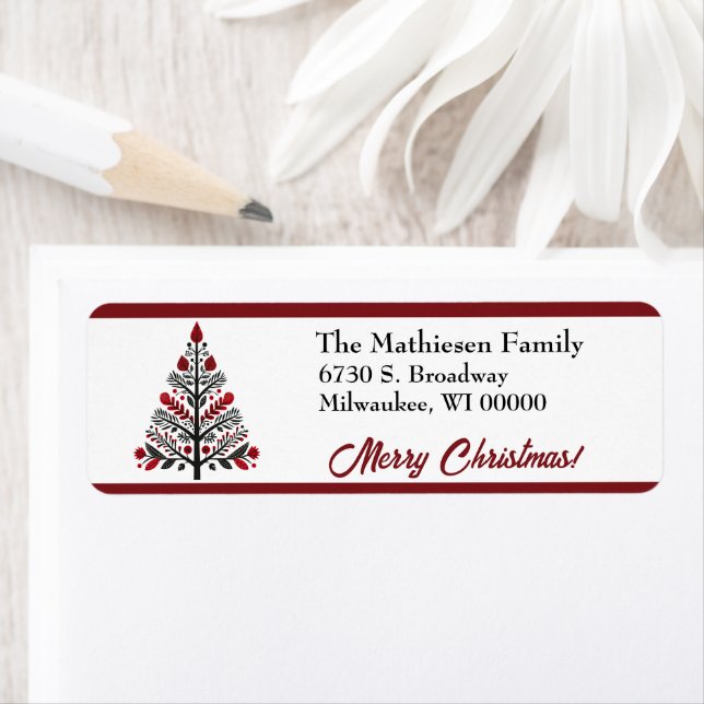 Red Black Boho Christmas Tree Return Address Label (Insitu)