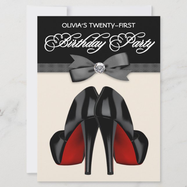 Red Black Bow Tie Womans 21st Birthday Party Invitation (Front)