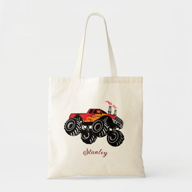 Red Black Boys' Name Personalised Monster Truck Tote Bag (Front)