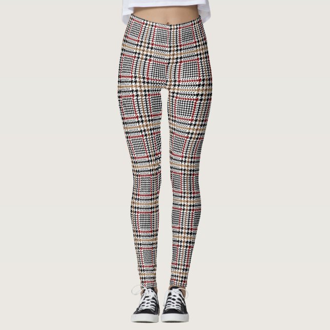 Red Black Brown Houndstooth Glen Check Pattern Leggings (Front)