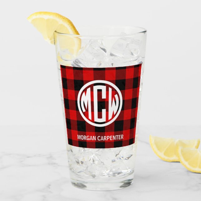 Red Black Buffalo Check Circle Monogram DIY BG Glass (Front Ice)