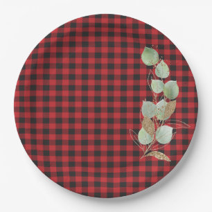 Red Black Buffalo Check Glitter Sage Botanical Paper Plate