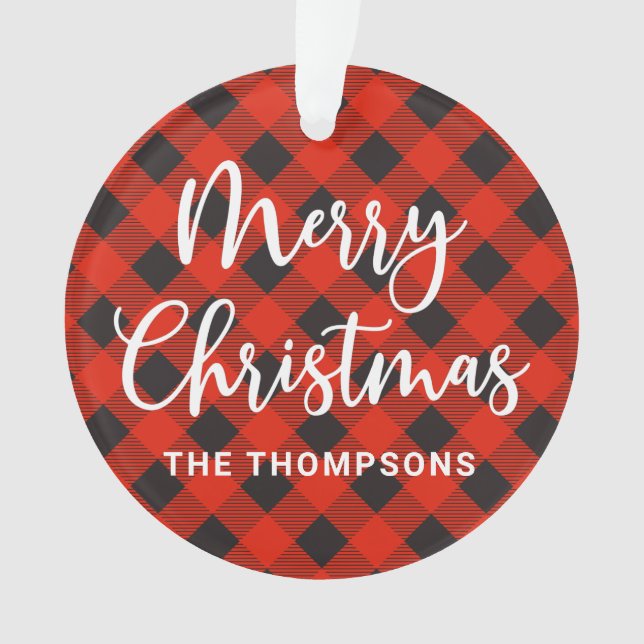 Red Black Buffalo Check Merry Christmas Ornament (Front)