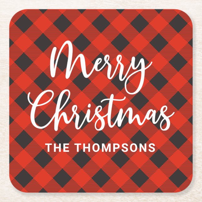 Red Black Buffalo Check Merry Christmas Script Square Paper Coaster (Front)