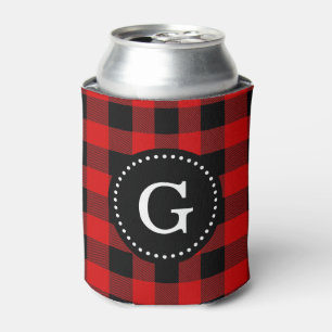 Red Black Buffalo Check Plaid 1I Monogram Can Cooler