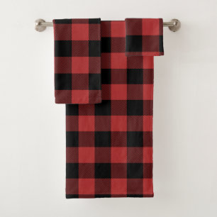 Red Black Buffalo Check Plaid Bath Towel Set