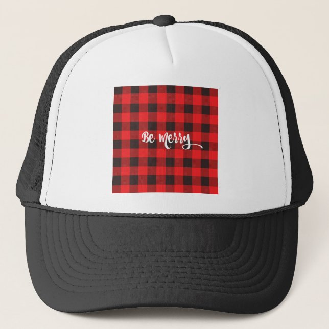Red & Black Buffalo Check Plaid BE MERRY Trucker Hat (Front)
