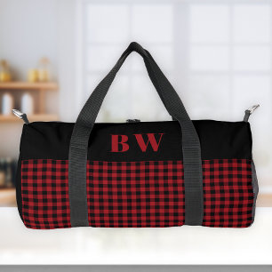 Red Black Buffalo Check Plaid Bold Monogram  Duffle Bag