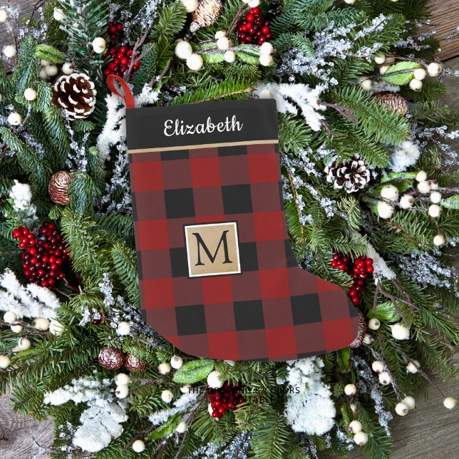 Red Black Buffalo Check Plaid Brown Monogram Small Christmas Stocking (Creator Uploaded)