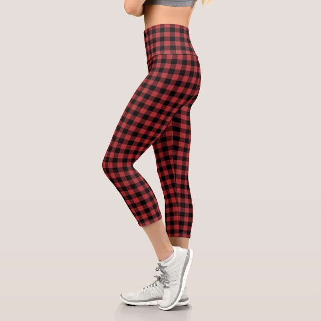 Red Black Buffalo Check Plaid Capri Leggings (Left)