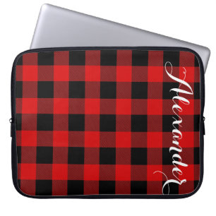 Red Black Buffalo Check Plaid Name Monogram NL Laptop Sleeve