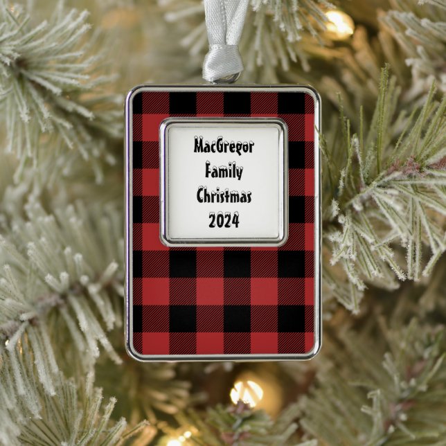 Red Black Buffalo Check Plaid Silver Plated Framed Ornament (Tree)